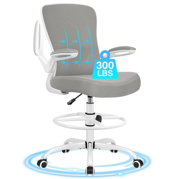 COOLHUT Drafting Chair Tall Office Chair for Standing Desk, Ergonomic High Office Desk Chair with Adjustable Foot Ring, Flip-Up Armrests and Lumbar Support for Home Office or Drawing Use, Gray