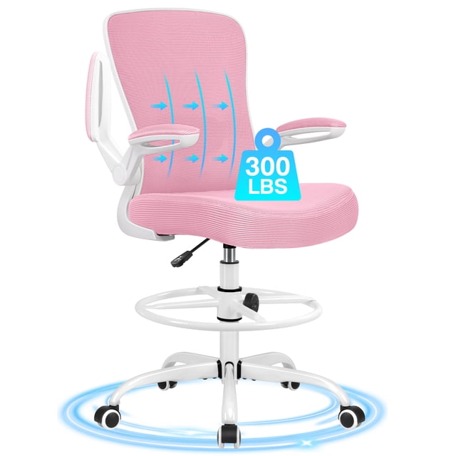 COOLHUT Home Office Chair with Flip-up Armrests for Standing Desk, Ergonomic Computer Office Desk Chair with Adjustable Foot Ring, Office Desk Chairs with Adjustab Lumbar Support for Workplanc, Pink