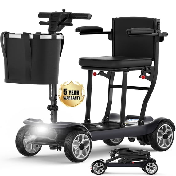 COOLHUT Ultra Lightweight 4 Wheel Mobility Scooter for Seniors (only 50lbs), 25+ Miles Travel Dual Battery Mobility Scooters, Aluminum Electric Folding Wheelchair Device, Black