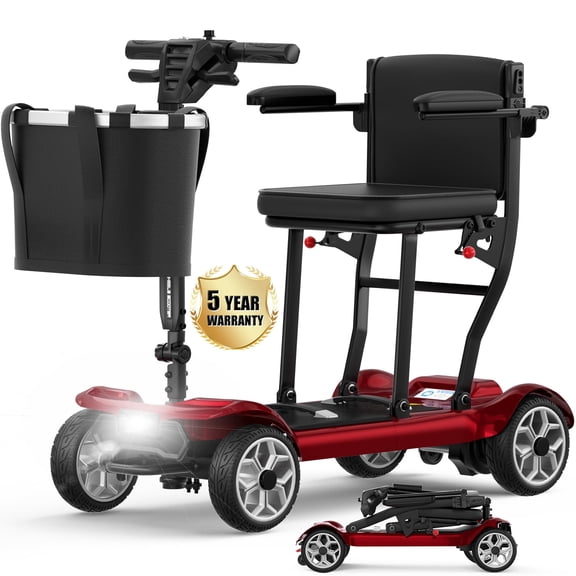 COOLHUT Ultra Lightweight 4 Wheel Mobility Scooter for Seniors (only 50lbs), 25  Miles Travel Dual Battery Mobility Scooters, Aluminum Electric Folding Wheelchair Device, Red