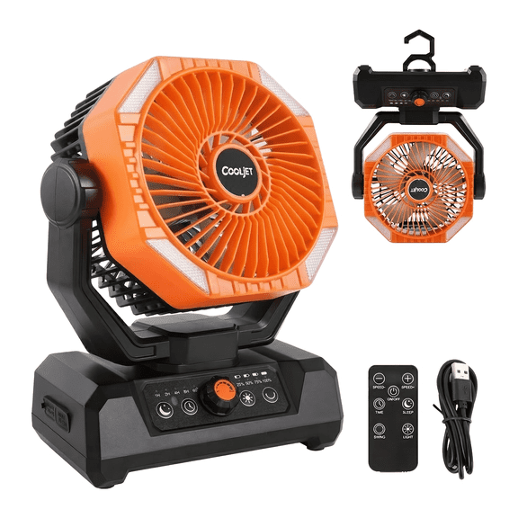CoolJet Portable Camping Fan, 20000mAh Rechargeable Battery Operated Fan with Power Bank, 18 LED Lights, Up to 28H Runtime for Camping, Home, Power Outages, Orange