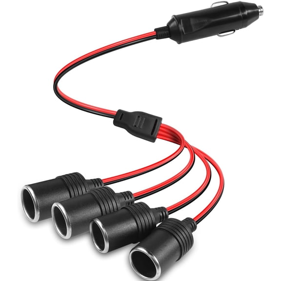 CoolStuff 1 to 4 Car Cigarette Lighter Splitter, 12V/24V 4 Way Socket Power Charger Adapter with 20A Fuse, 1FT/0.3M 16AWG Extension Cable