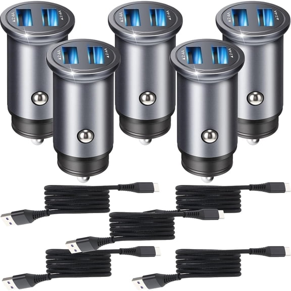 CoolStuff 10 Pack Dual USB Car Charger and Type C Cable Set 24w Fast Charging, Aluminum Alloy Adapter with Nylon Braid Cables Compatible with USB Powered Devices