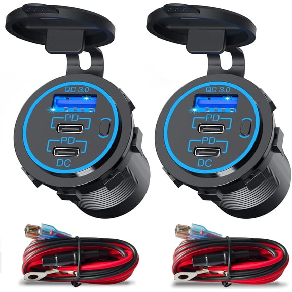 CoolStuff 2 Pack 78W USB C Car Charger Socket, 12V Waterproof RV USB Outlet with On/Off Switch, Dual 30W PD USB-C & 18W QC3.0 Fast Charging Port, Universal for Car RV Boat Marine Truck Motorcycle