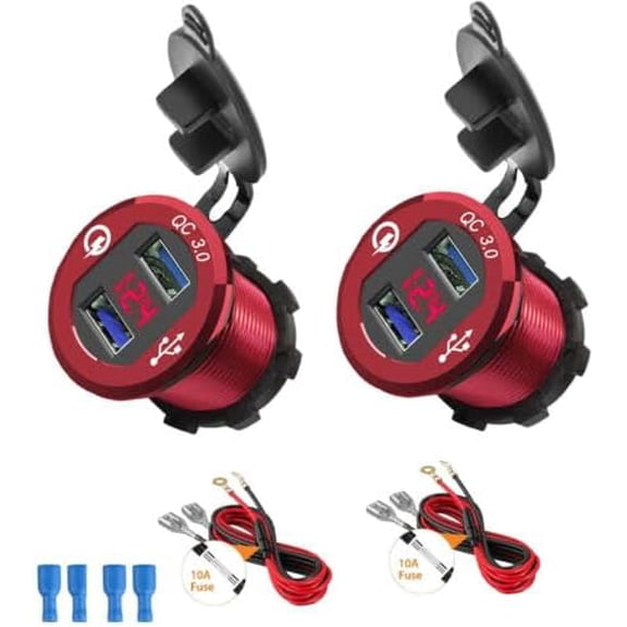 CoolStuff 2 Sets Aluminum Dual USB Port Car Cigarette Lighter Socket LED Voltmeter 12-24V (Red)