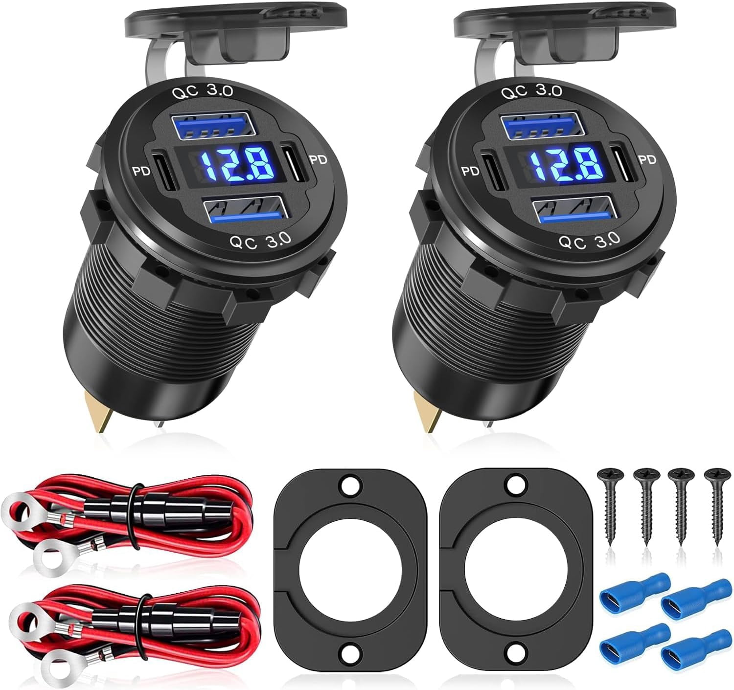 CoolStuff 2Pcs 12V/24V Outlet with Voltmeter, Quick Charge 3.0 Dual USB ...