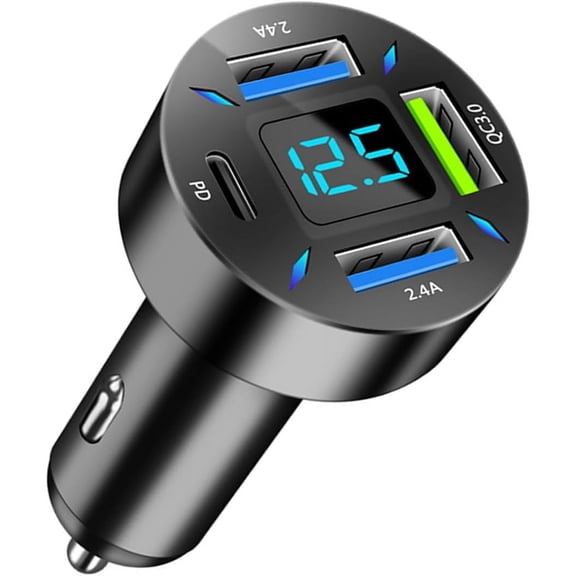 CoolStuff 4 Ports USB Car Charger,66W Super Fast Charging with QC 3.0,PD 20W and USB 2.4A Charger Adapter,Quick Charge with LED Voltmeter, Auto Cigarette Lighter Plug (QC3.0, 2PCS)