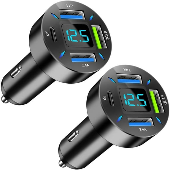 CoolStuff 4 Ports USB Car Charger,66W Super Fast Charging with QC 3.0,PD 20W and USB 2.4A Charger Adapter,Quick Charge with LED Voltmeter, Auto Cigarette Lighter Plug (QC3.0, 2PCS)