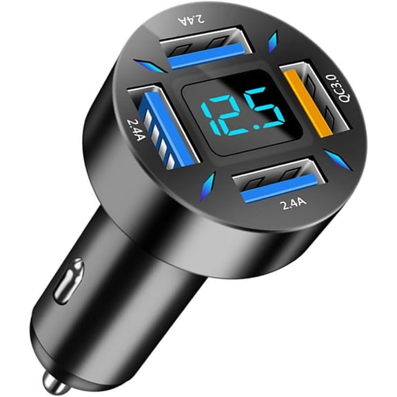 CoolStuff 4 Ports USB Car Charger,66W Super Fast Charging with QC 3.0,PD 20W and USB 2.4A Charger Adapter,Quick Charge with LED Voltmeter, Auto Cigarette Lighter Plug (QC3.0, 2PCS)