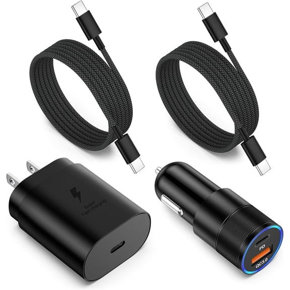 CoolStuff Car Charger Fast Charging Type C, 25W USB C Wall Charger Adapter for Samsung Galaxy S25 Ultra S24 S23 FE A16 A06 A54 A53 A15 Android, 2X Braided USB C Cable 6ft