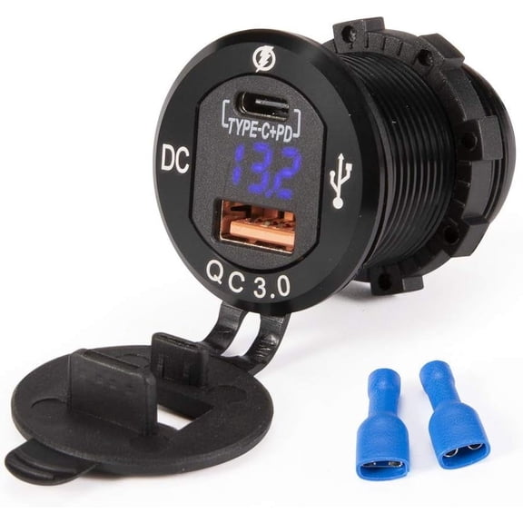 CoolStuff Car Charger Socket Quick Charge 3.0QC,Dual Port USB Type C Outlet with Blue LED Digital Voltmeter,Aluminum Power Adapter 12V/24V Waterproof for Boat Marine UTV SUV RV Truck