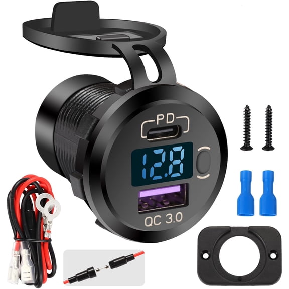 CoolStuff Quick Charge 3.0 Dual USB Car Charger Socket with LED Voltmeter and ON Off Switch Fused Wire Kit 12V/24V PD QC3.0 Fast Charge USB Outlet for Car Boat Marine RV Truck Golf