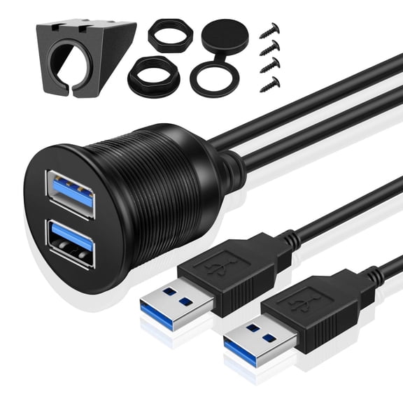 CoolStuff USB 3.0 Flush Mount Cable,Dashboard Panel Dash Mount 2 Ports Dual USB Socket Plug Jack Connector Extension Wire Cord Water Resistant Male to Female f/Car Trailer Boat Motorcycle(1.8M / 6FT)