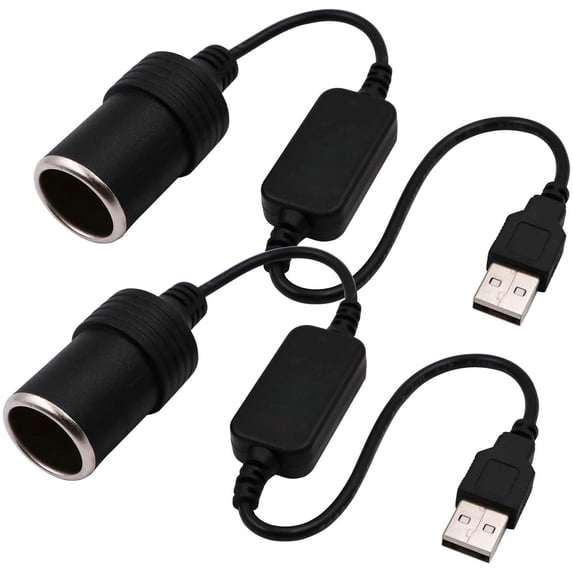 CoolStuff USB A Male to 12V Car Cigarette Lighter Socket Female Converter Cable 2-Pack