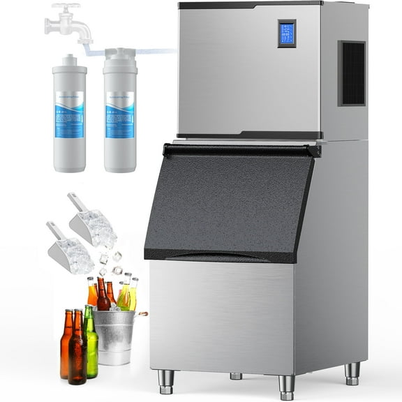 Coolake 22" 650 lbs/24h Commercial Ice Maker Machine with 400 lbs Storage, Stainless Steel Freestanding Ice Machine, 115V