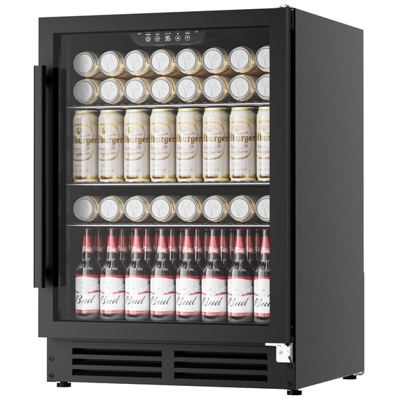 Coolake 24 Inch Wide Under Counter Beverage Refrigerator, 180 Can Capacity Beverage Cooler with Glass Door, Built in or Freestanding, Drink Fridge for Basement, Kitchen, Office