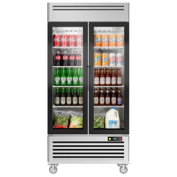 Coolake 40"W 36 Cu.Ft. Commercial Display Beverage Refrigerator with 2 Glass Doors, Stainless Steel Merchandiser Cooler