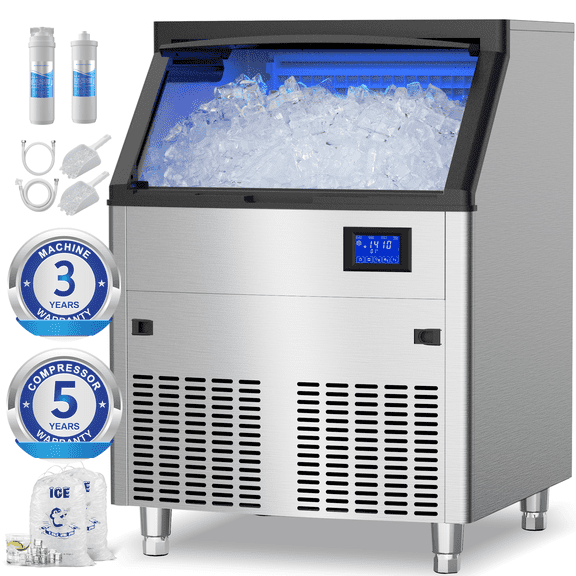 Coolake 450lbs/24h Commercial Air Cooled Ice Maker Machine with 130lbs, Cube Ice, Doe/ETL