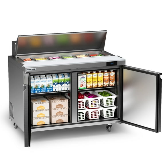Coolake 48'' W Commercial Refrigerator Sandwich Salad Prep Table, 2 Door Sandwich Fridge with 12 GN 1/6 Pans