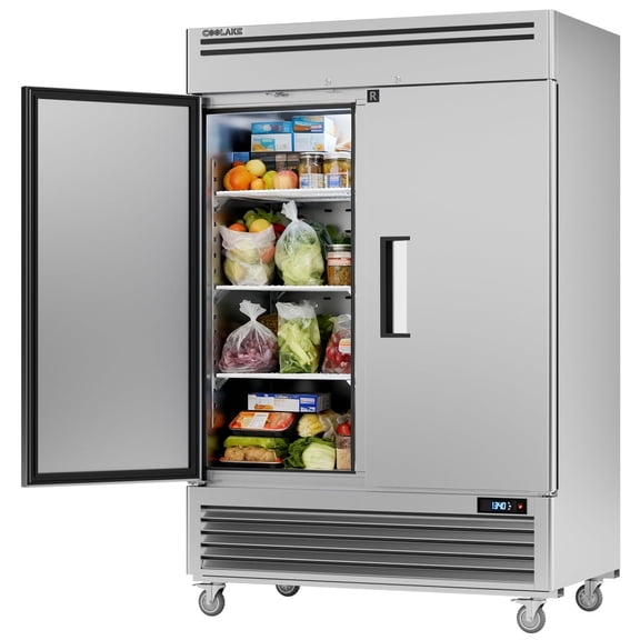 Coolake 49 Cu Ft Commercial Refrigerator, 54.4" W 2 Door Upright Fridge with 8 Adjustable Shelves, Frost-free Stainless Steel Industrial Reach-in Refrigerator for School Restaurant