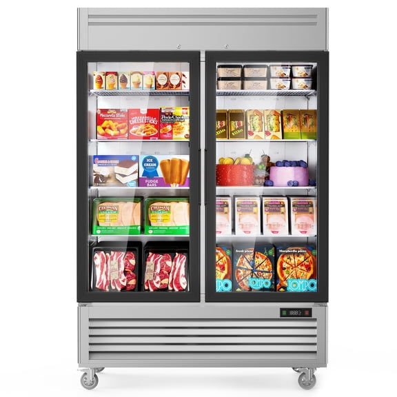 Coolake 54.4"W 2 Glass Doors Commercial Display Freezer, 49 Cu.Ft Stainless Steel Merchandiser Freezer with LED Lighting