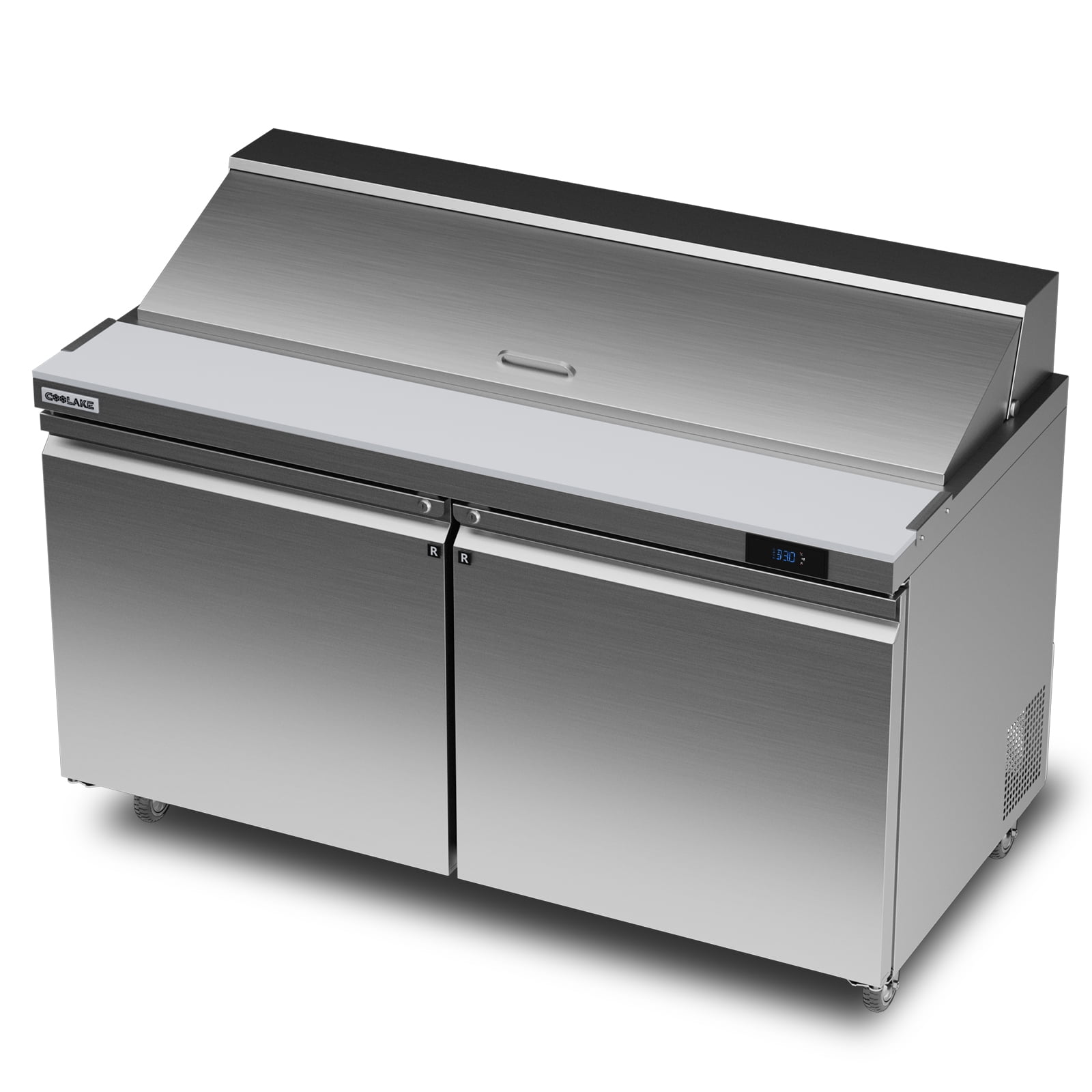 Coolake 60''W Commercial Salad Sandwich Prep Table Refrigerator, 2 Door Stainless Steel 18 Cu.ft Counter Fan Cooling Refrigerator