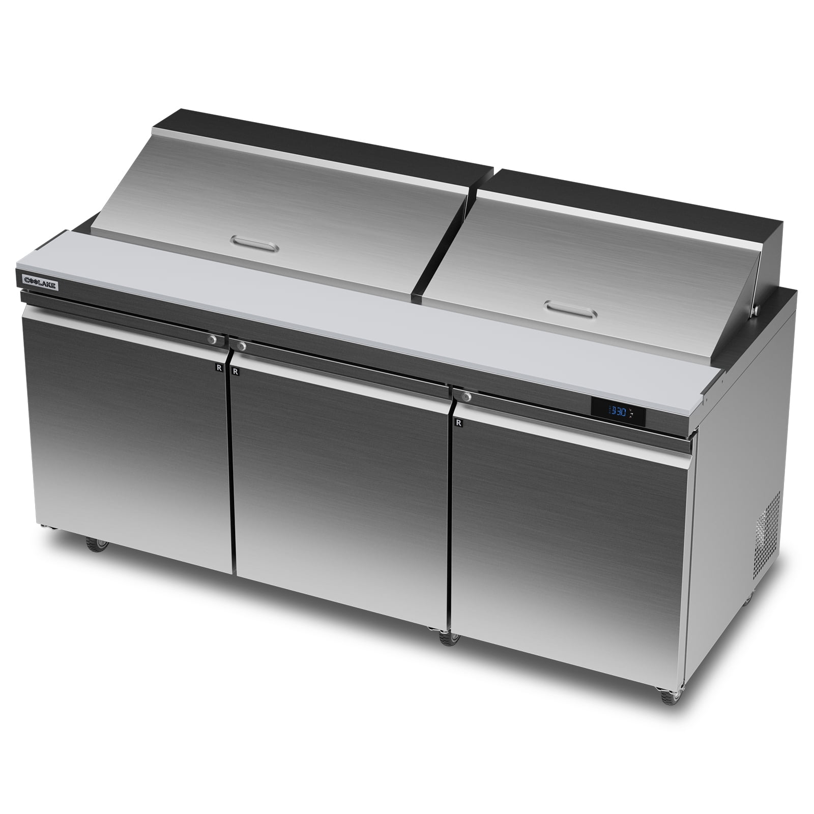 Coolake 72.7''W Commercial Salad Sandwich Prep Table Refrigerator, 3 Door Stainless Steel 22 Cu.ft Counter Fan Cooling Refrigerator