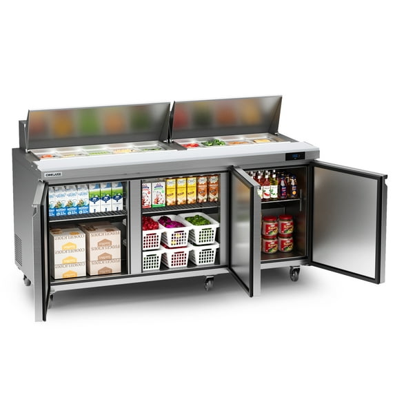 Coolake 72.7'' W Commercial Refrigerator Sandwich Salad Prep Table, 3 Door Sandwich Fridge with 18 GN 1/6 Pans