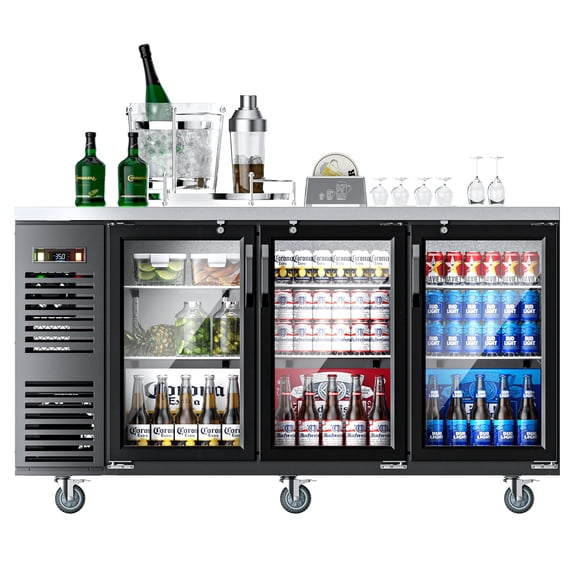 Coolake 72” Commercial Back Bar Cooler with 3 Glass Door in Stainless Steel, 24cu.ft. Undercounter Beverage Refrigerator