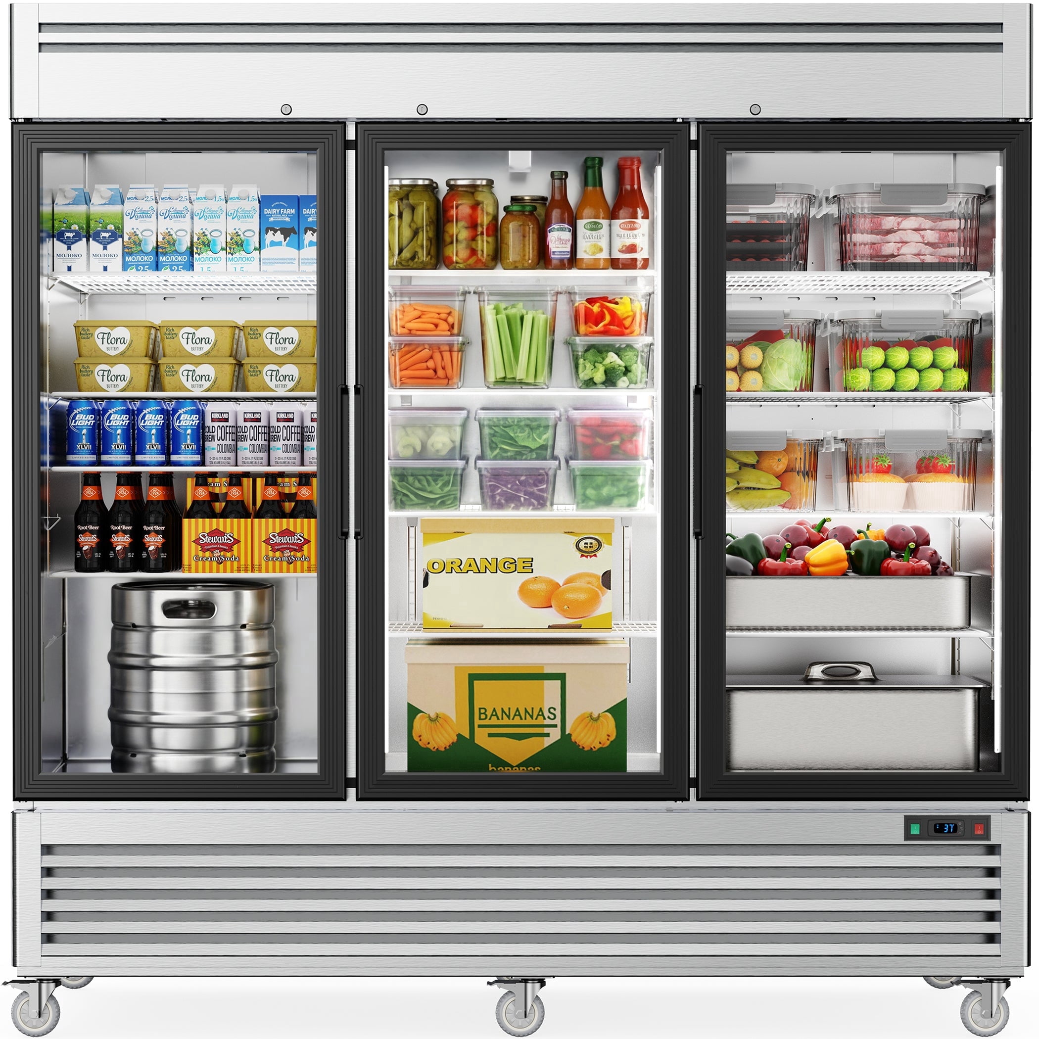 Coolake 82" Commercial Refrigerator 3 Glass Door, 72 Cu.ft Stainless Steel Upright Merchandiser Cooler, 33℉~41℉