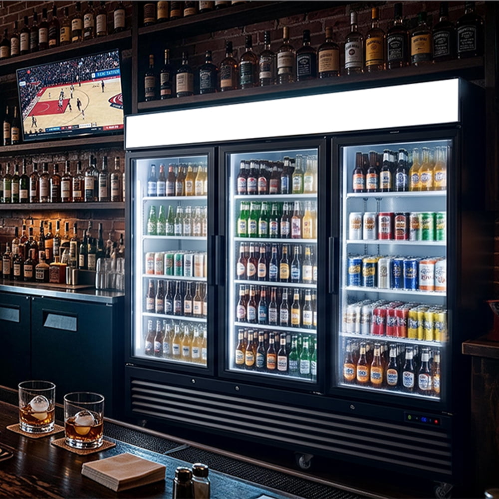 Coolake 82"W 72 Cu.Ft. Commercial Beverage Merchandiser Refrigerator with 3 Glass Doors in Black, Customizable Lightbox