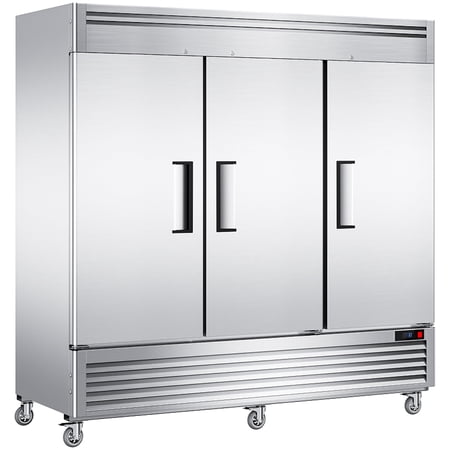 Coolake 82" Width Commercial Freezer 3 Solid Doors, 72 Cu.ft Stainless Steel Reach-in Upright Freezer with LED Lighting, Fan Cooling Freezer for Restaurant Cafe Hotel Kitchen Prep Area
