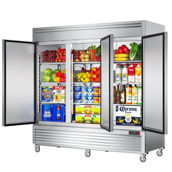 Coolake 82" Width Commercial Refrigerator 3 Solid Doors, 72 Cu.ft Stainless Steel Reach-in Upright Fridge with LED Lighting, Fan Cooling Refrigerator for Restaurant Cafe Hotel Kitchen Prep Area