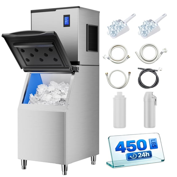 Coolake Commercial Ice Maker Machine 450lbs/24h with 350lbs Storage, Air Cooled Stainless Steel Freestanding Ice Maker, Self-Cleaning LCD Display Modular Ice Machine for Bar Restaurant Cafe Church