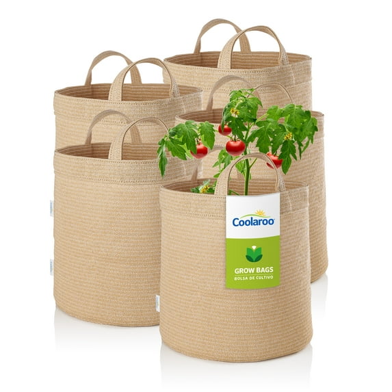 Coolaroo 10 Gallon Round Fabric Grow Bag with Drainage Holes, UV Resistant and Durable Handles - 5 Pack, Desert Sand