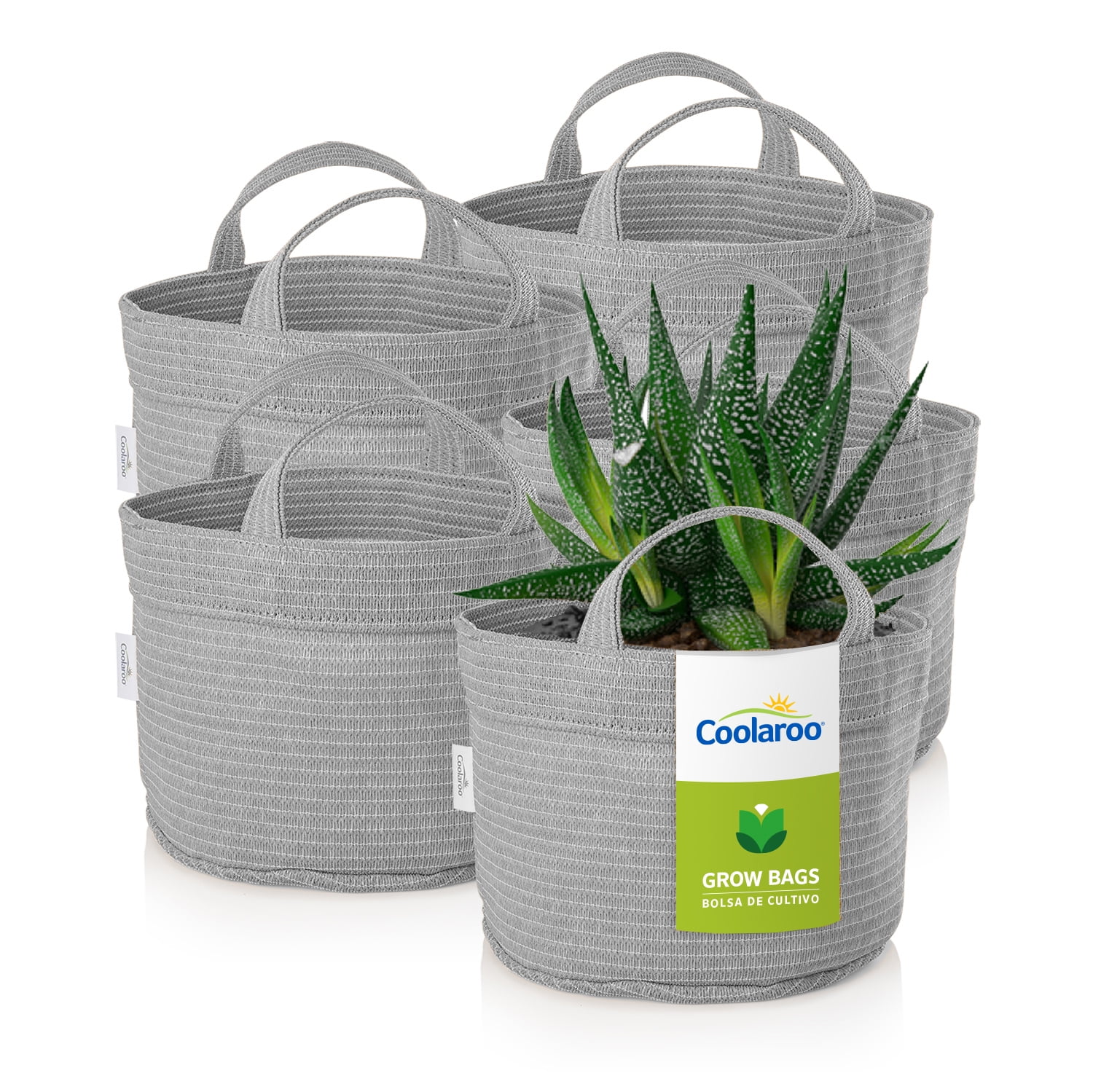 Coolaroo 2 Gallon Round Fabric Grow Bag with Drainage Holes, UV Resistant and Durable Handles - 5 Pack, Steel Grey