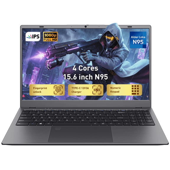 Coolby 15.6" Full HD Laptop with MS Office 2024, 12GB RAM 256GB SSD, 1920x1080 IPS Display, Quad Core N95(Beats N5095,6500Y) , Notebook with Fingerprint, WiFi 5, BT5.0,USB-C, HDMI