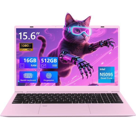 Coolby Pink Laptop,15.6 Inch Laptop Computer,16GB RAM 512GB SSD,Quad-Core N5095(Beat to 6500Y,N4020),Fingerprint, Backlit KB,Win 11 Laptop, Office 2024,Type c PD Fast Charging