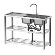 Coolcook Stainless Steel Laundry Sink Commercial Free Standing Utility Double Bowl Sink with Faucet and Drainboard
