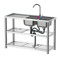 Coolcook Stainless Steel Laundry Sink Commercial Free Standing Utility Double Bowl Sink with Faucet and Drainboard
