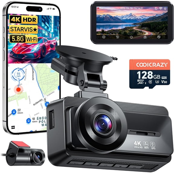 Coolcrazy 4K Dash Cam Front and Rear, STARVIS Sensor, Free 128GB Card Included, 5GHz WiFi-up to 20MB/s, Dual Dash Camera for Cars, Built-in GPS, G-Sensor, WDR/HDR Super Night Vision, 24H Parking Mode
