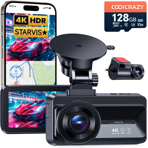 Coolcrazy Dash Cam Front and Rear, STARVIS Sensor, Free 128GB Card Included, 5GHz WiFi-up to 20MB/s, 4k Dual Dash Camera for Cars, Built-in GPS, G-Sensor, WDR Super Night Vision, 24H Parking Mode