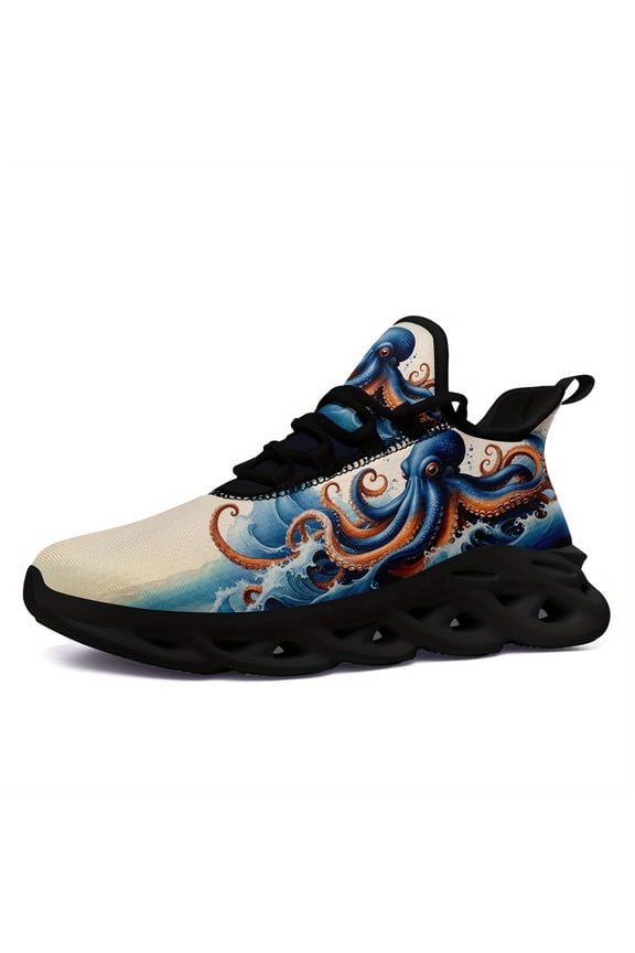 Coolcustom Gothic Octopus Print Mens Low-Top Sneakers - Navy Blue & White Lace-Up Shoes with Black Accents, Casual Comfortable Walking Trainers for All Seasons, Streetwear Style, Comfortable Footwear