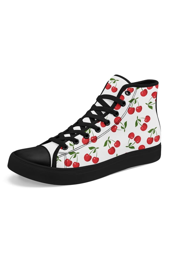 CoolcustomMen's Valentine's Day Cherry-Themed High-Top Sneakers with Cherry Pattern (Berties/Cheeries), Lace-Up Ankle Footwear for Streetwear, & Daily Wear - Rubber Sole & Fabric Upper Casual Shoes