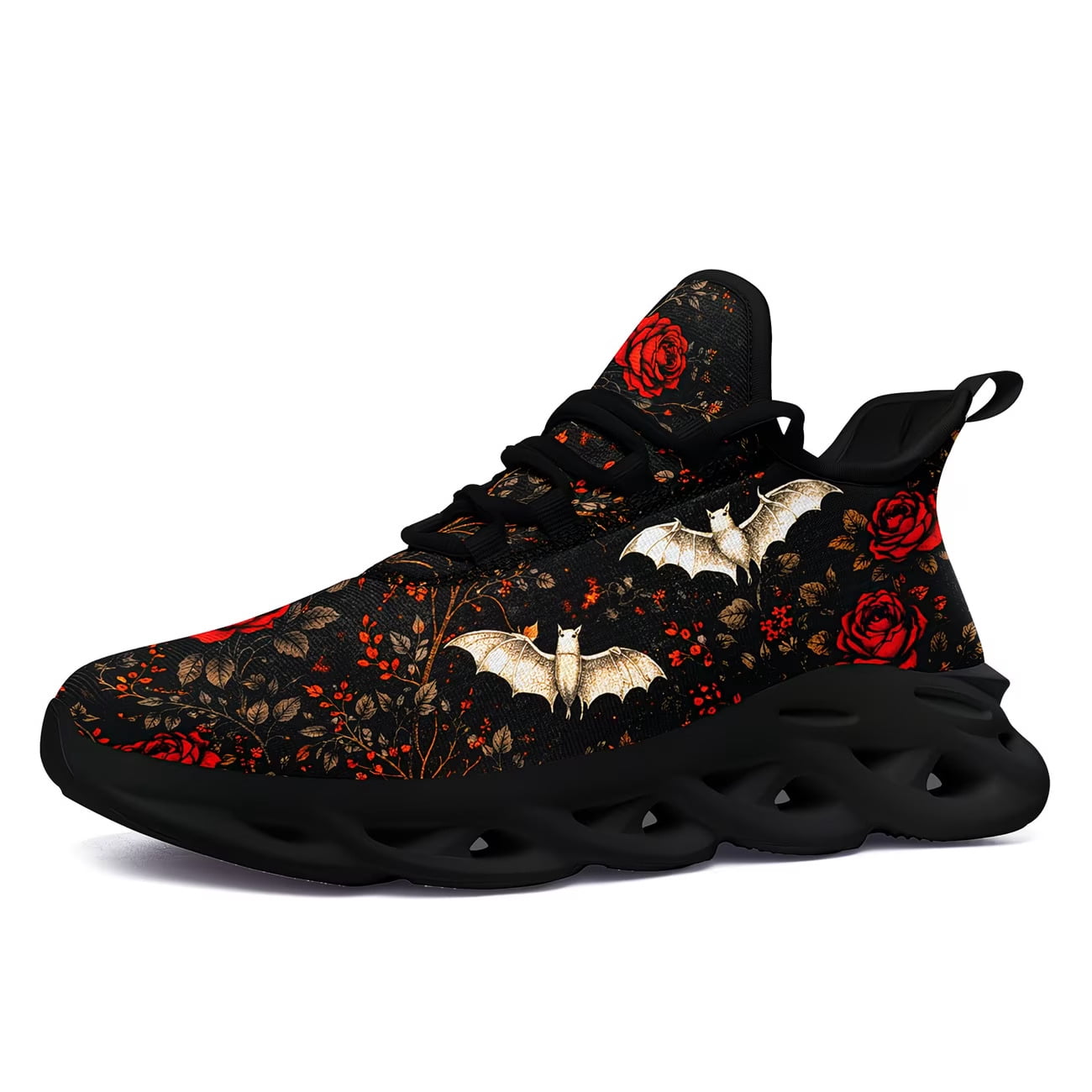 Coolcustomize Black Gothic Punk Sneakers for Men Women, Red Rose Floral ...