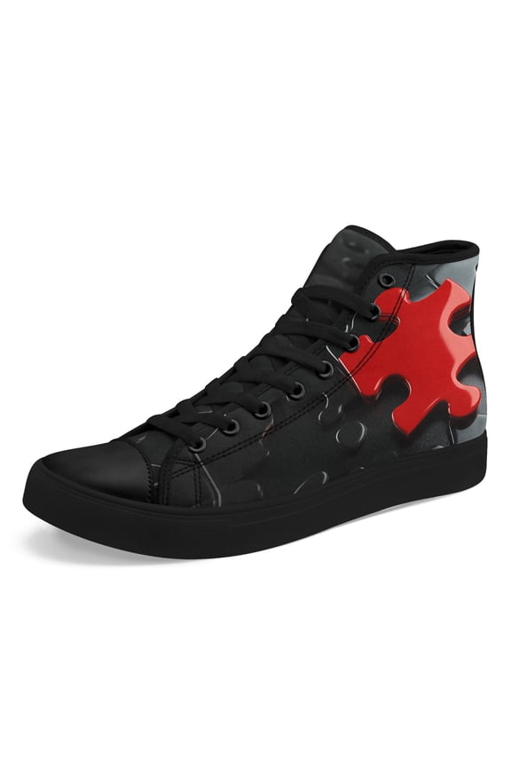 Black High-Top Canvas Shoes for Men Size 11 with 3D Red Puzzle Piece Theme, Stylish Wide Width Hi top Casual Shoes, Fashion-Forward Sneakers for Autism Awareness and Casual Attire