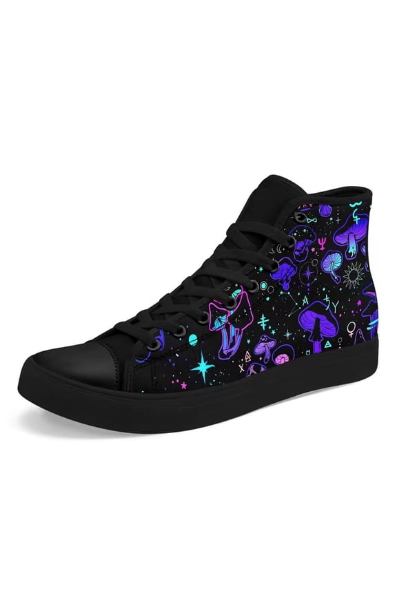 Black High-Top Sneakers for Men Women Featuring a Neon Blue Purple Mushroom Design Printed, Fashion Canvas Shoes for Casual Streetwear