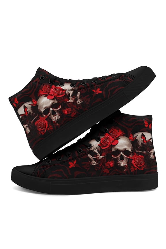 Black High-top Canvas Sneakers for Men Women Wide Featuring a Skull and Rose Design Hi-top Canvas Shoes Size 5 5.5 6 6.5 7 8 8.5 9 10