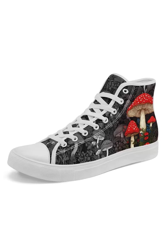 Black High-top Shoe for Men Women Wide Width, Retro Red Mushroom Design Hi top Canvas Shoes, Outdoor Lace-up Casual Walking Sneakers