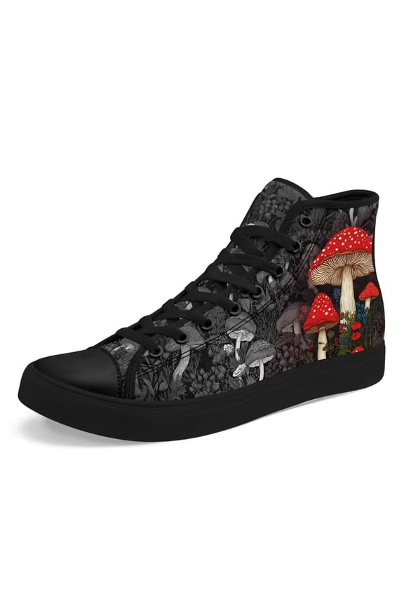 Black High-top Shoe for Men Women Wide Width, Retro Red Mushroom Design Hi top Canvas Shoes, Outdoor Lace-up Casual Walking Sneakers